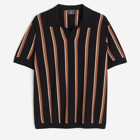 H&M Other - H&M Men’s Regular Fit Fine Knit Polo Shirt Sweater Black Brown Stripe Pattern M